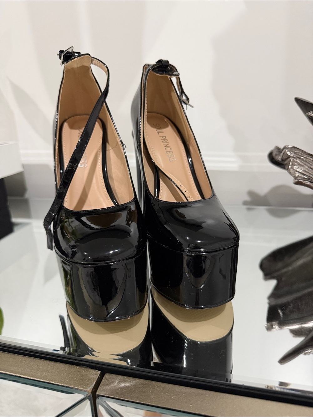 Black Patent Platform Mary Jane Heels with Ankle Strap